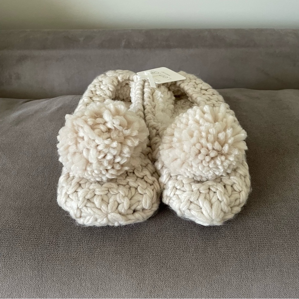 Beige Hand Knit Slippers with Pom Poms - Picture 2 of 7